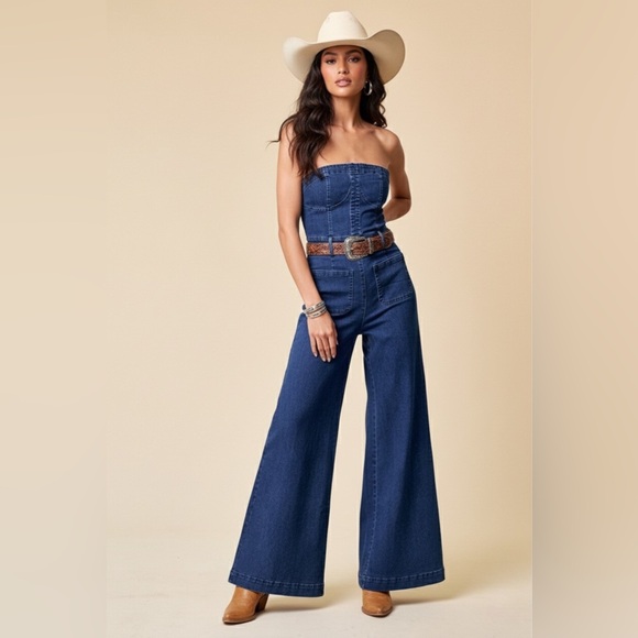 Pants - MID DENIM STRAPLESS WIDE LEG DENIM JUMPSUIT WITH POCKETS🤠